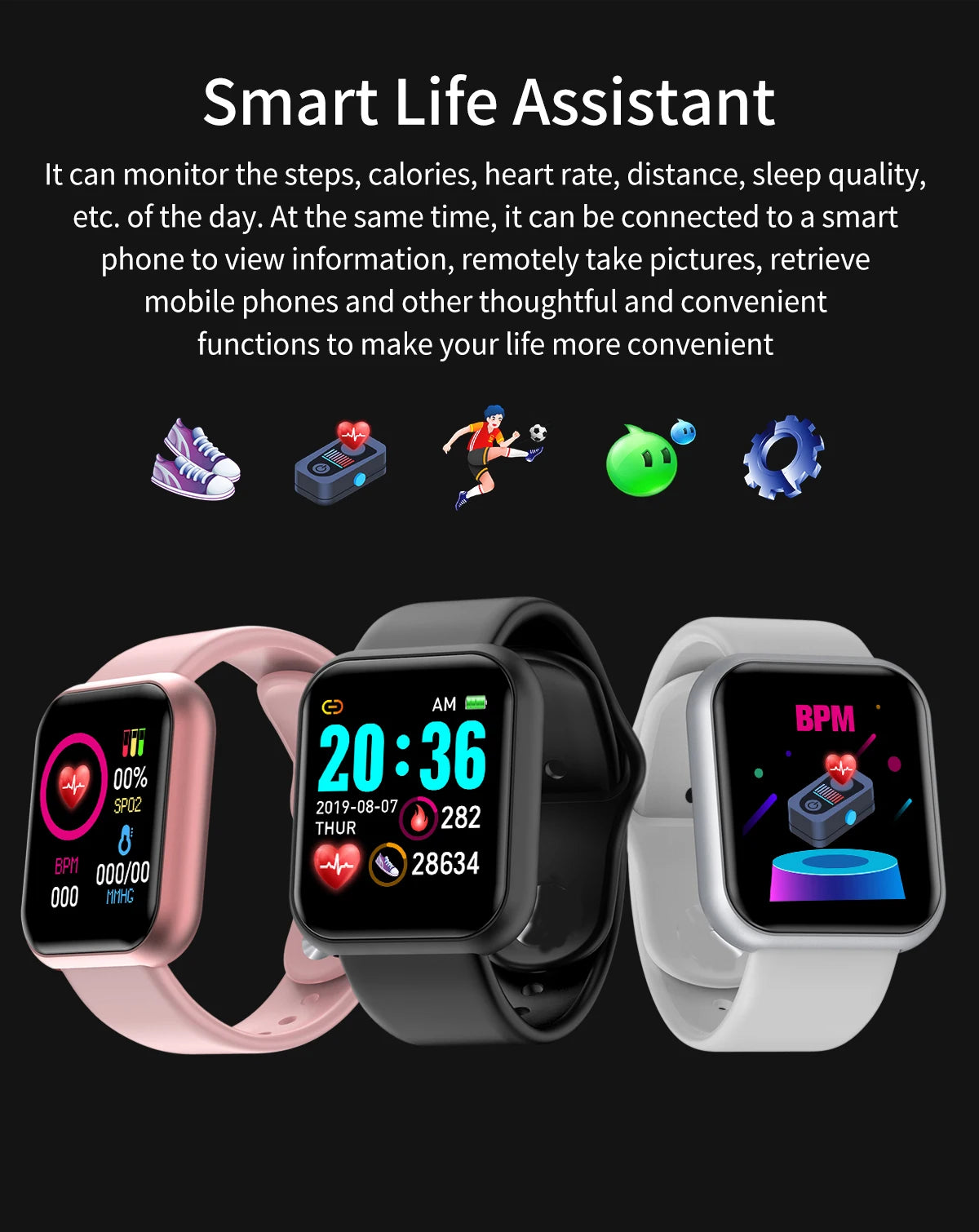 D20 Smartwatch for Men & Women – Fitness Tracker Heart Rate Monitor