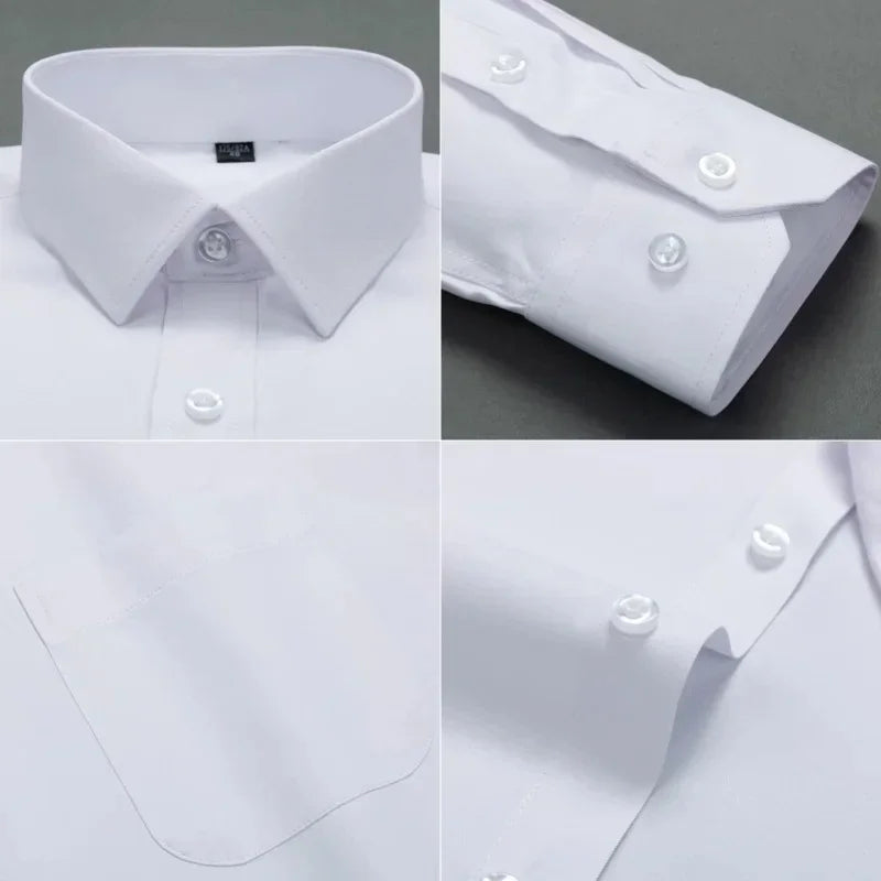 New Men Formal Shirt Long Sleeve Office Solid Color Anti-Wrinkle Fashion Business Pocket White Social Pocket Shirts S-6XL 7XL