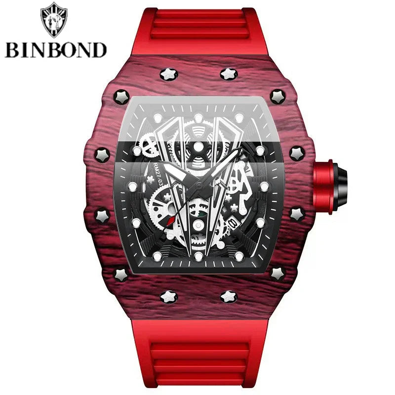 BINBOND B8577 Men’s Barrel Sports Watch – Hollow Curved Mirror Silicone Quartz