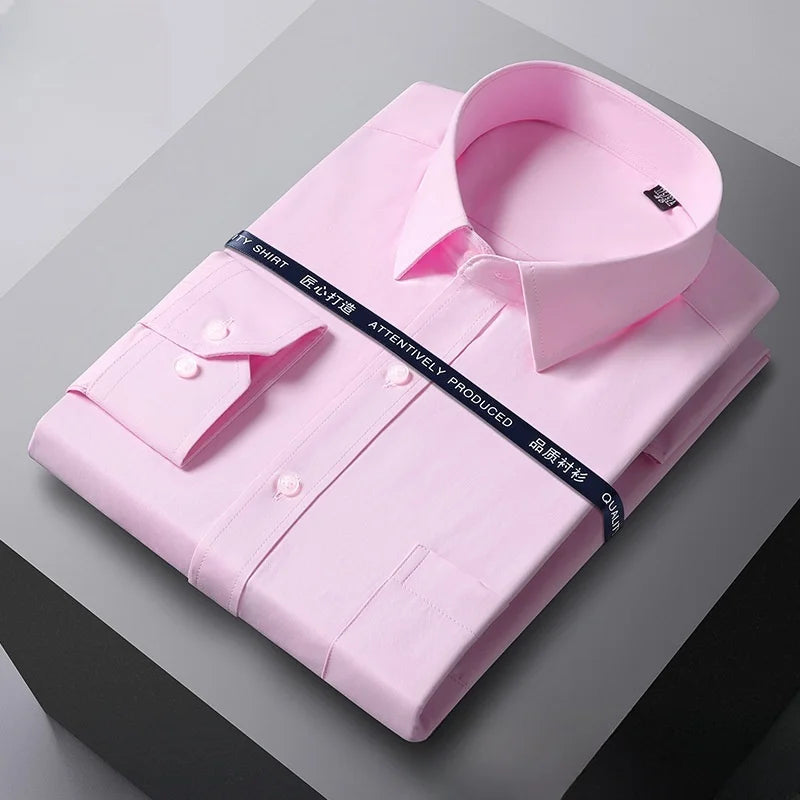 New Men Formal Shirt Long Sleeve Office Solid Color Anti-Wrinkle Fashion Business Pocket White Social Pocket Shirts S-6XL 7XL