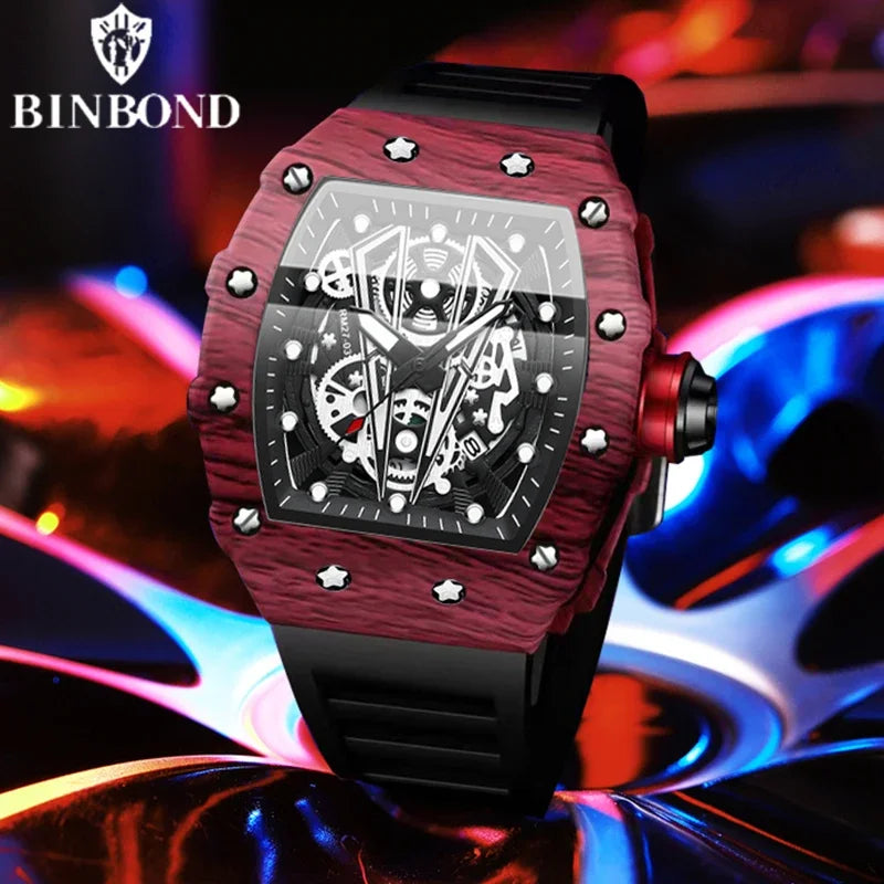 BINBOND B8577 Men’s Barrel Sports Watch – Hollow Curved Mirror Silicone Quartz