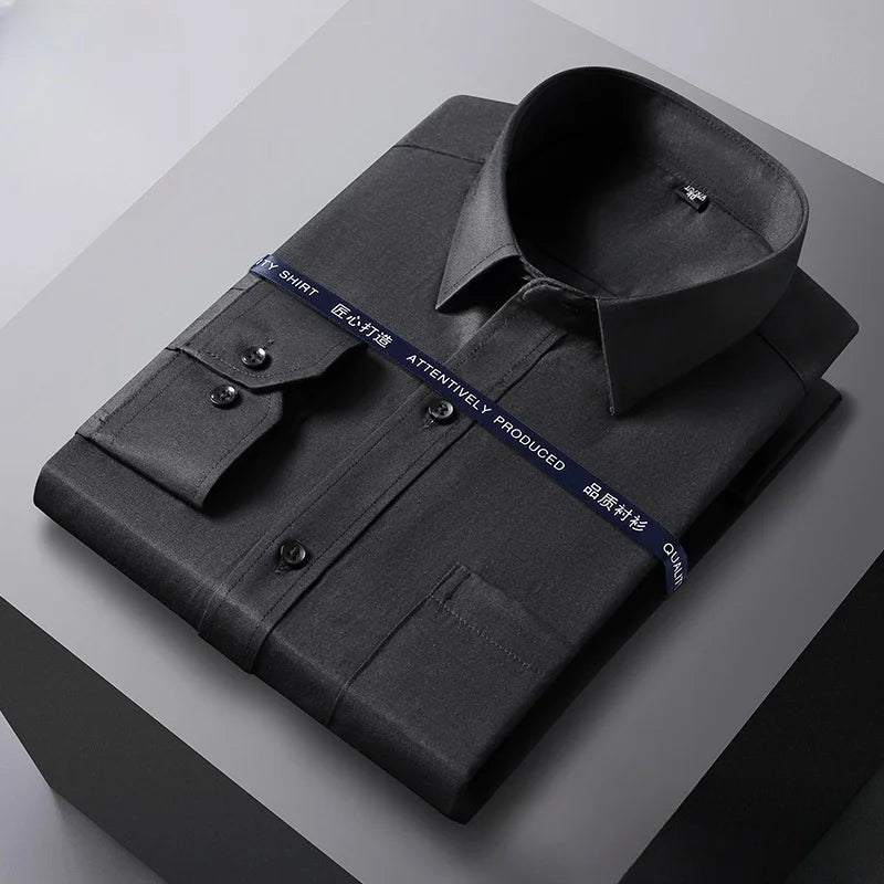 New Men Formal Shirt Long Sleeve Office Solid Color Anti-Wrinkle Fashion Business Pocket White Social Pocket Shirts S-6XL 7XL