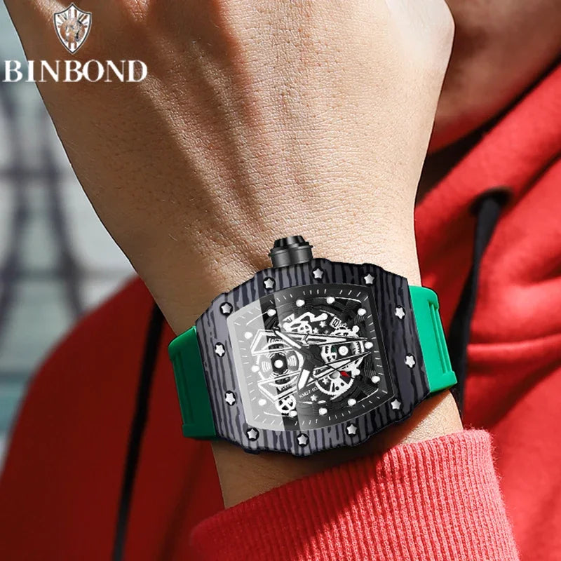 BINBOND B8577 Men’s Barrel Sports Watch – Hollow Curved Mirror Silicone Quartz