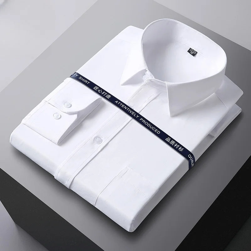 New Men Formal Shirt Long Sleeve Office Solid Color Anti-Wrinkle Fashion Business Pocket White Social Pocket Shirts S-6XL 7XL