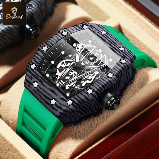 BINBOND B8577 Men’s Barrel Sports Watch – Hollow Curved Mirror Silicone Quartz