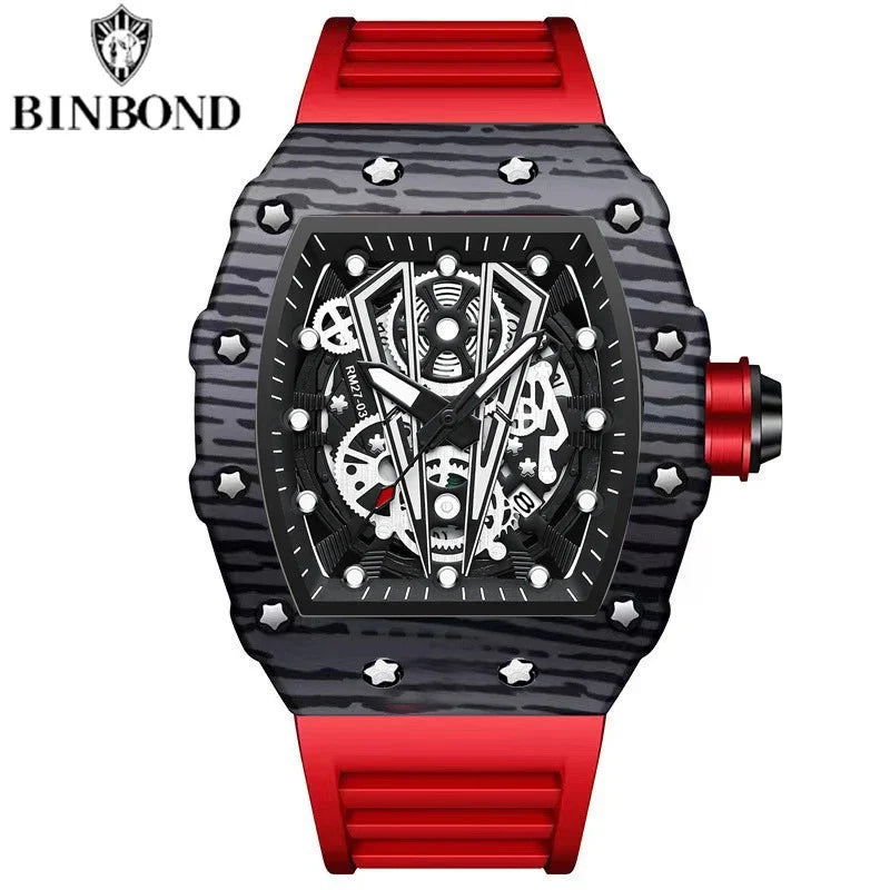 BINBOND B8577 Men’s Barrel Sports Watch – Hollow Curved Mirror Silicone Quartz