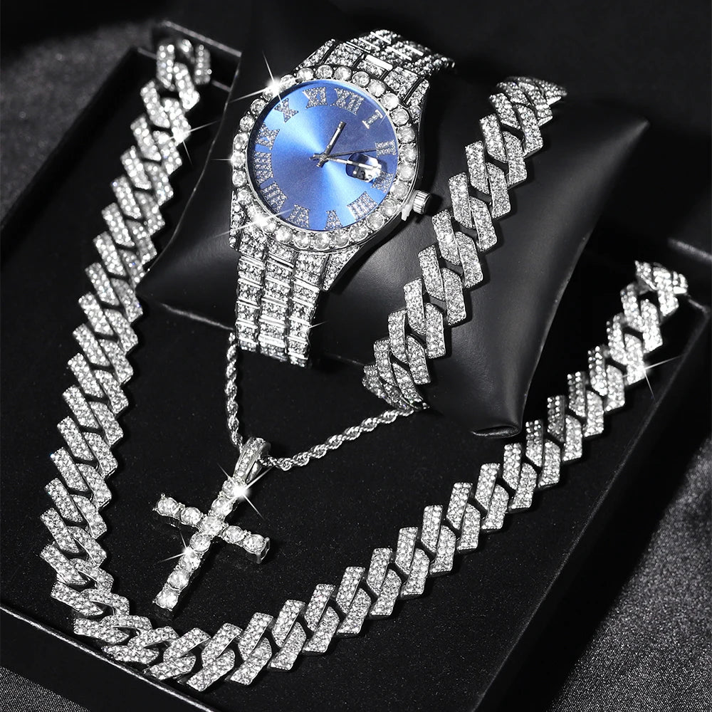 Iced Out Luxury Watch, Bracelet & Necklace Set – HipHop Cuban Chain