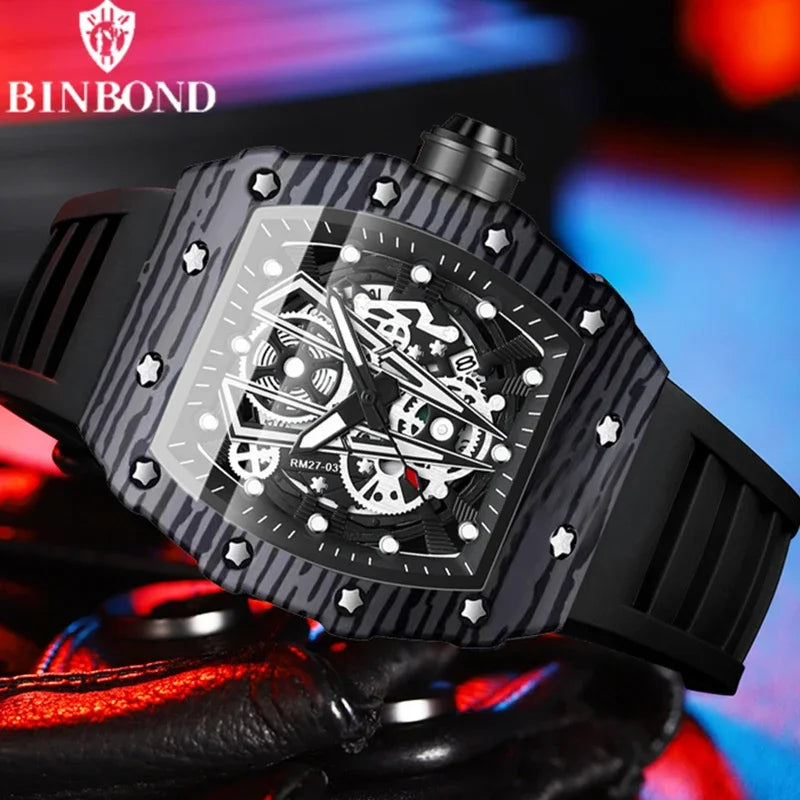 BINBOND B8577 Men’s Barrel Sports Watch – Hollow Curved Mirror Silicone Quartz