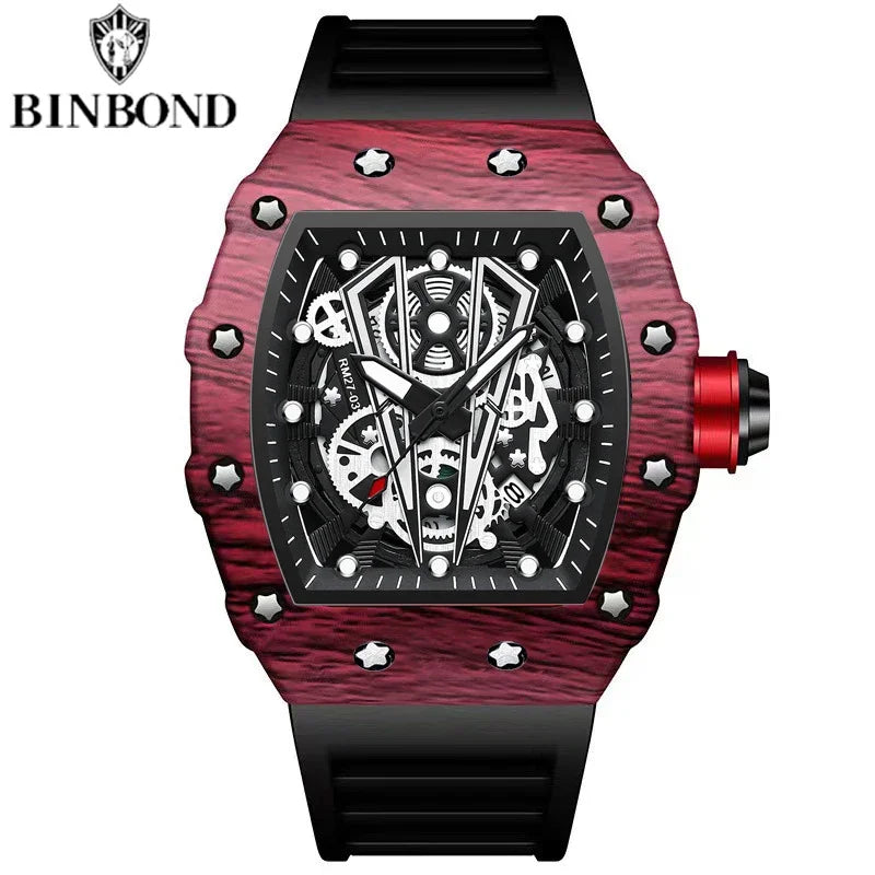 BINBOND B8577 Men’s Barrel Sports Watch – Hollow Curved Mirror Silicone Quartz