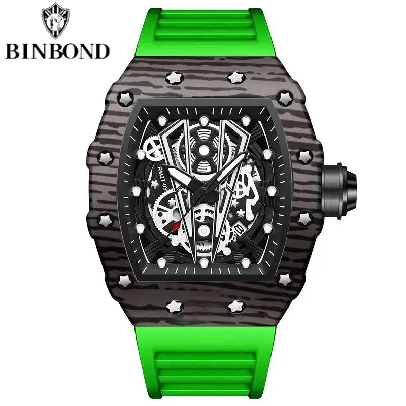 BINBOND B8577 Men’s Barrel Sports Watch – Hollow Curved Mirror Silicone Quartz