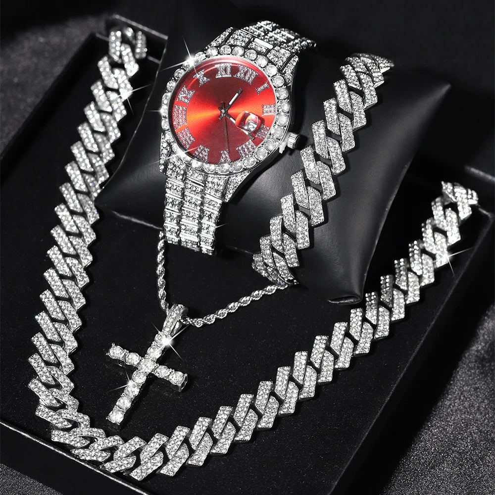 Iced Out Luxury Watch, Bracelet & Necklace Set – HipHop Cuban Chain