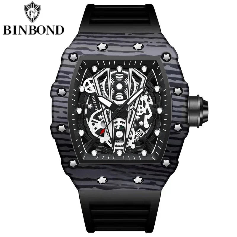 BINBOND B8577 Men’s Barrel Sports Watch – Hollow Curved Mirror Silicone Quartz