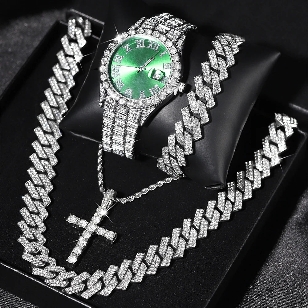 Iced Out Luxury Watch, Bracelet & Necklace Set – HipHop Cuban Chain