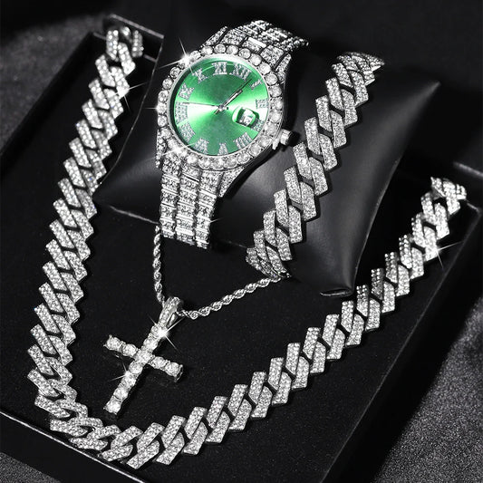 Iced Out Luxury Watch, Bracelet & Necklace Set – HipHop Cuban Chain