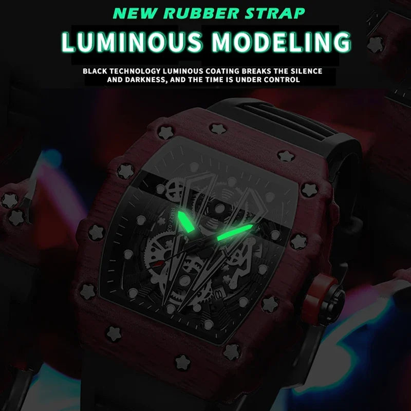 BINBOND B8577 Men’s Barrel Sports Watch – Hollow Curved Mirror Silicone Quartz