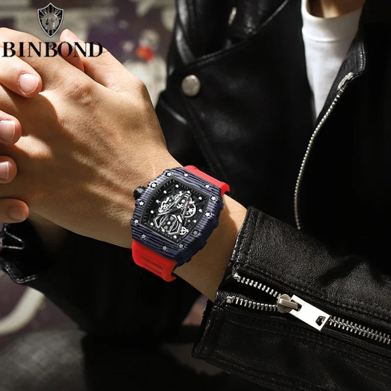 BINBOND B8577 Men’s Barrel Sports Watch – Hollow Curved Mirror Silicone Quartz