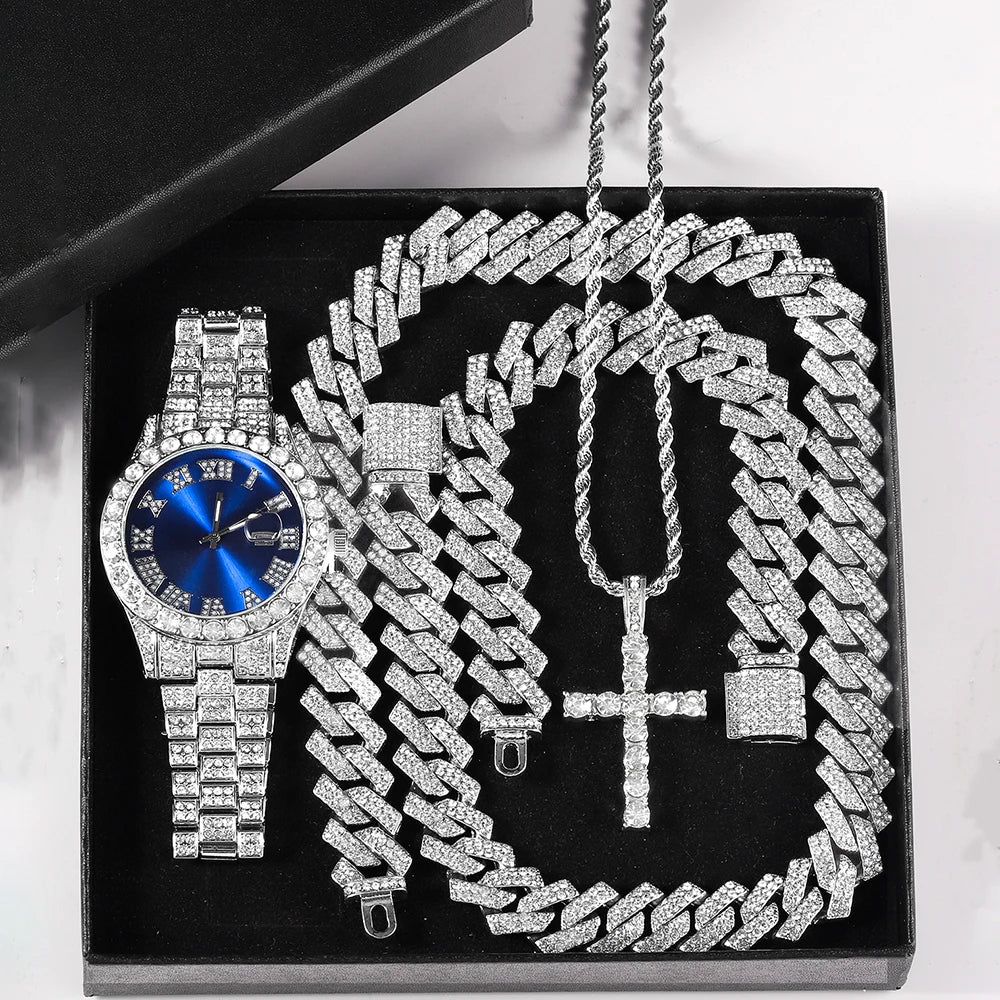 Iced Out Luxury Watch, Bracelet & Necklace Set – HipHop Cuban Chain